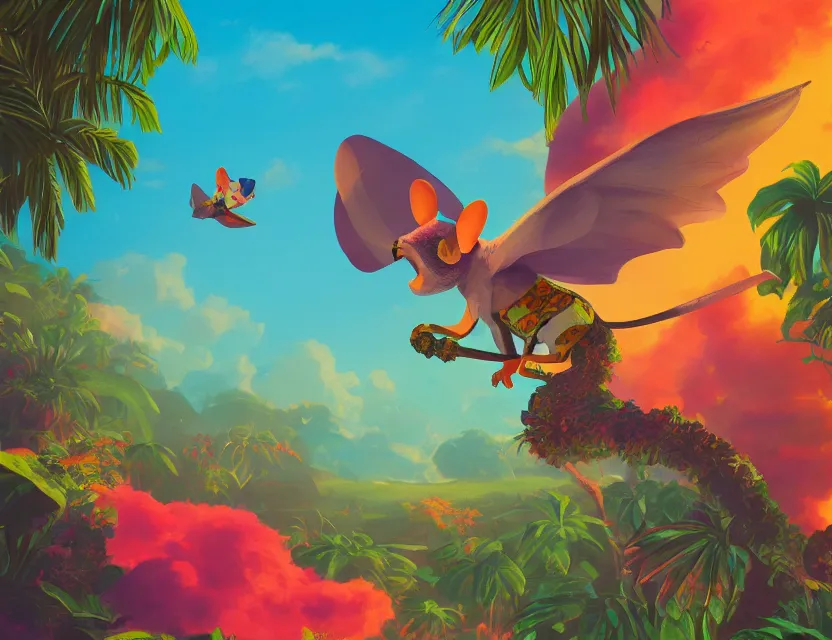 Prompt: adventurer mouse riding a bird above tropical landscape. complementary colors, vaporwave, gouache, indie concept art, bloom, chiaroscuro, backlighting, intricate details.