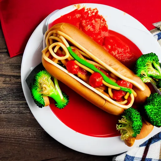 Prompt: photo shoot portrait of a delicious spaghetti hot dog with broccoli and mustard and ketchup, detailed, uhd, 8k,