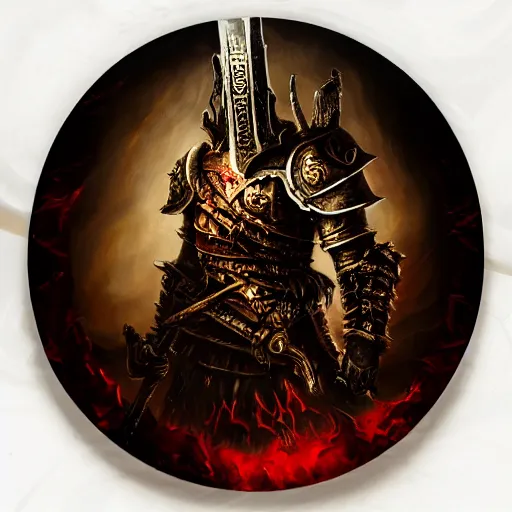 Image similar to three - ply portrait the great death knight dark souls in golden red armor made of polished dragon bones looks relaxed, quantum physics, victorian era