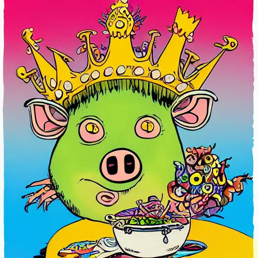 Image similar to trippy comic art of a pig wearing a gold crown eating snacks, drawn by Martin Rowson, Tim Burton, Studio Ghibli, Alex Pardee, Nekro Petros Afshar, James McDermott, colors by lisa frank, unstirred paint, vivid color, cgsociety 4K