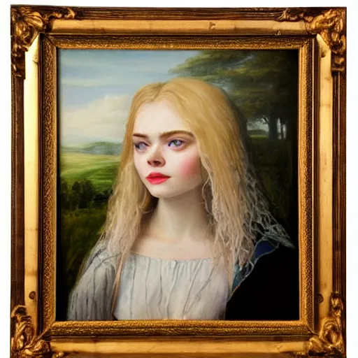 Prompt: professional painting of Elle Fanning in the style of Myles Birket Foster, head and shoulders portrait, symmetrical facial features, smooth, sharp focus, illustration, intricate, stormy weather, extremely detailed masterpiece,