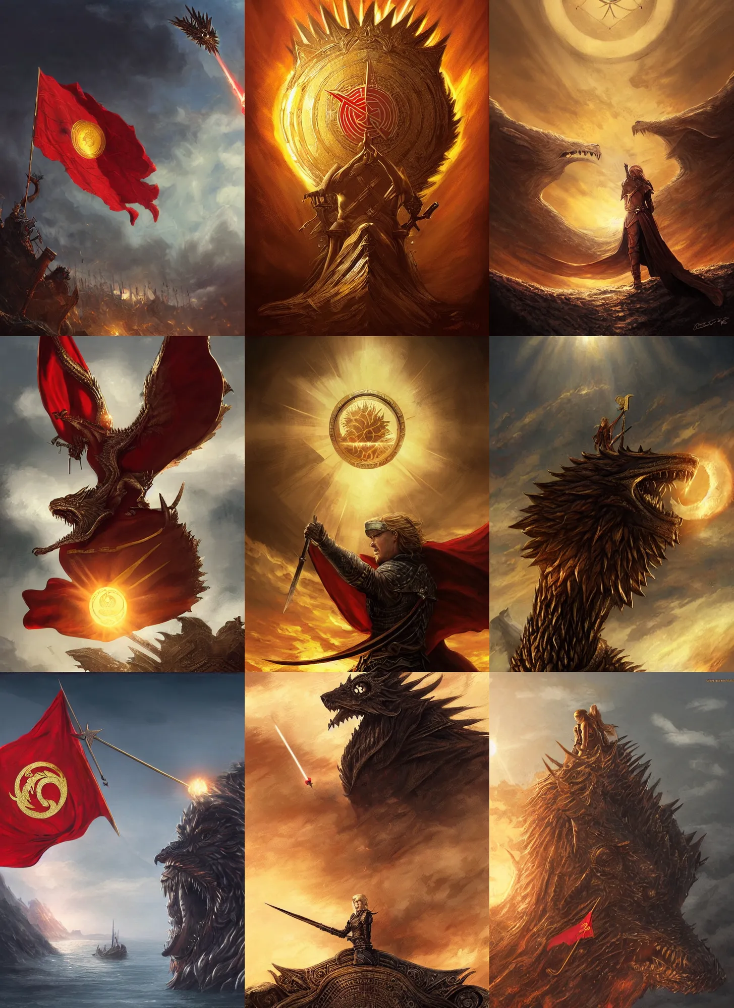 Prompt: red flag with golden sun symbol floating in sky, game of thrones, intricate, highly detailed, digital painting, concept art, sharp focus, illustration, aleksi briclot, rutkowski