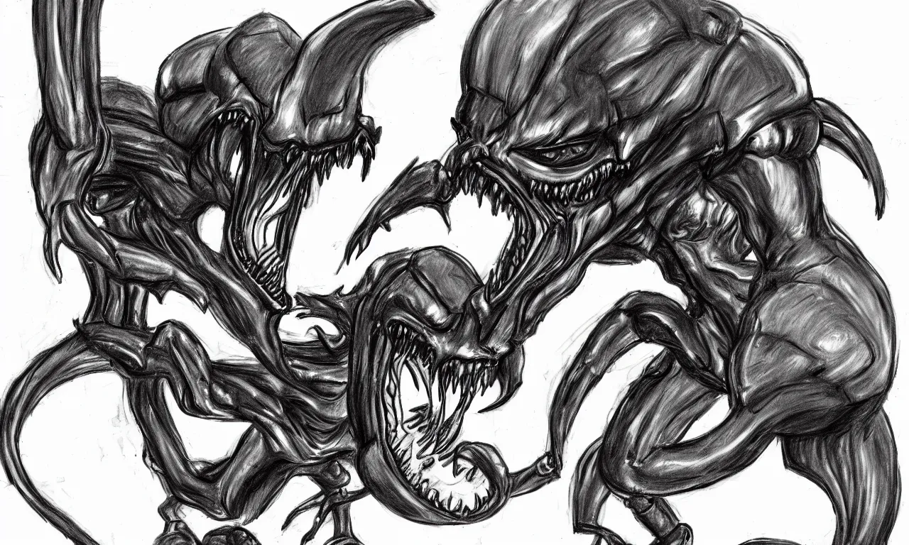 Prompt: a bad distorted rough kindergarden - sketch of one xenomorph drawn by a 4 year old kid