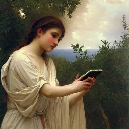 Prompt: a glorious oil painting of an angel talking with an iPhone, by Bouguereau, highly realistic and intricate