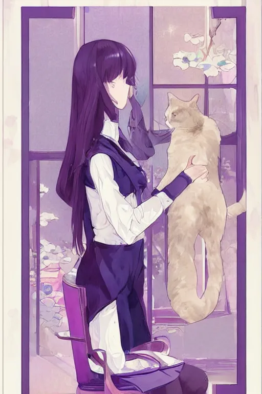 Image similar to a girl playing with a cat A comfortable study room at night,purple and blue theme,geometric shapes,S line,hard edges,jk uniform ,Hairdryer by mucha and krenz cushart and range murata