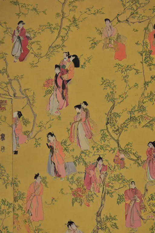 Prompt: an asian woman emerges from 1 9 th century yellow wallpaper decorated with sensual feminine faces by charles walter stetson