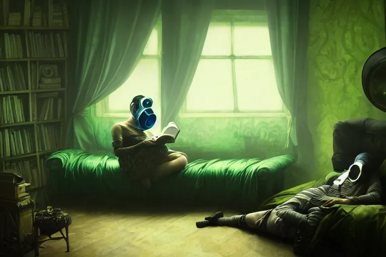 Image similar to girl with wearing a gas mask lying on the sofa reading a book in her room, in the style of dariusz zawadzki, solarpunk, atmospheric, clean, intricate and epic composition, green by caravaggio, insanely quality, highly detailed, masterpiece, blue light, artstation, 4 k