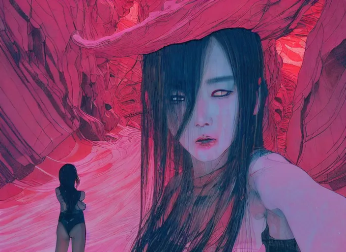 Image similar to lee jin - eun emerging from pink water in cyberpunk theme during a blood moon by the edge of a royal blue antelope canyon by conrad roset, nicola samuri, dino valls, m. w. kaluta, rule of thirds, seductive look, beautiful