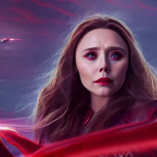 Prompt: movie still of elizabeth olsen as the scarlet witch afloat in the air with red eyes, using her magic to control the weather, trending on artstation, 8 k quality, cgsociety contest winner, artstation hd, artstation hq, luminous lighting, beautiful cloudy atmosphere