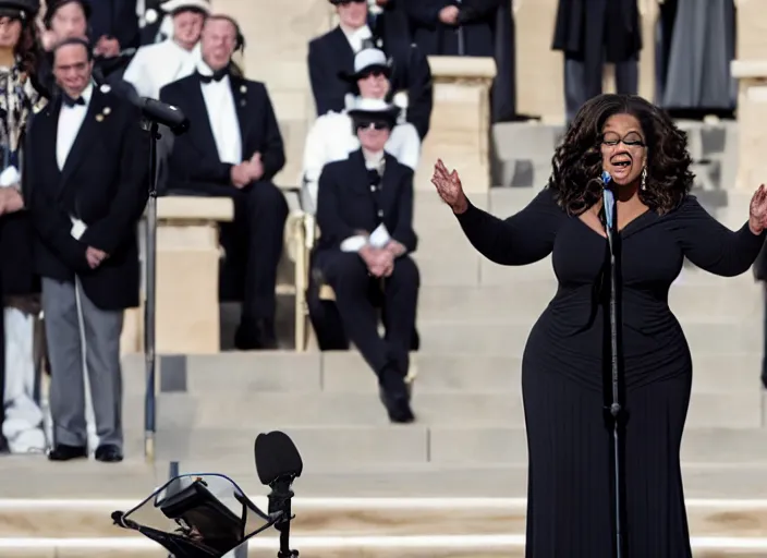 Image similar to oprah winfrey gives inaugural address on the steps of the capitol, 3 5 mm photography, highly detailed, cinematic lighting, standing pose, fully body shot, holding lightsaber 4 k