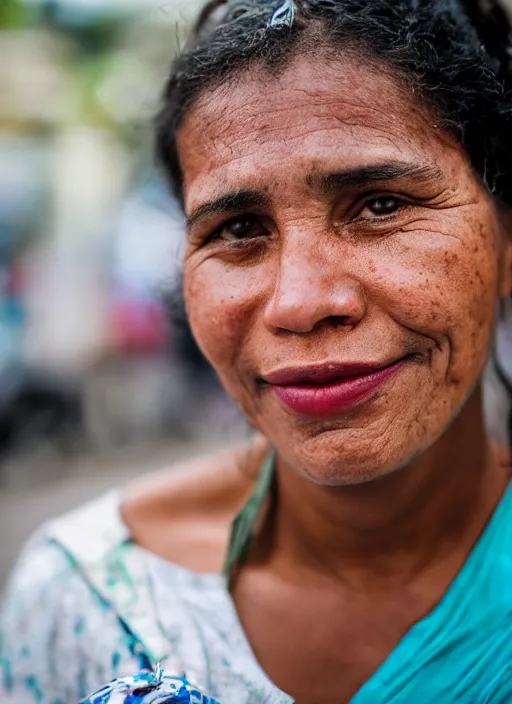 Image similar to close up portrait of a beautiful, 30-year-old woman from Cuba, happy, candid street portrait in the style of Martin Schoeller, award winning, Sony a7R