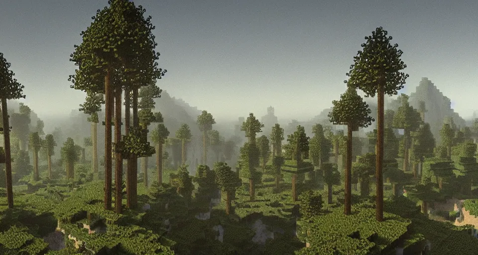 Prompt: minecraft in real life tall mountain surrounded in sparse forest photorealistic artwork very detailed beautiful landscape painted by Caspar David Friedrich