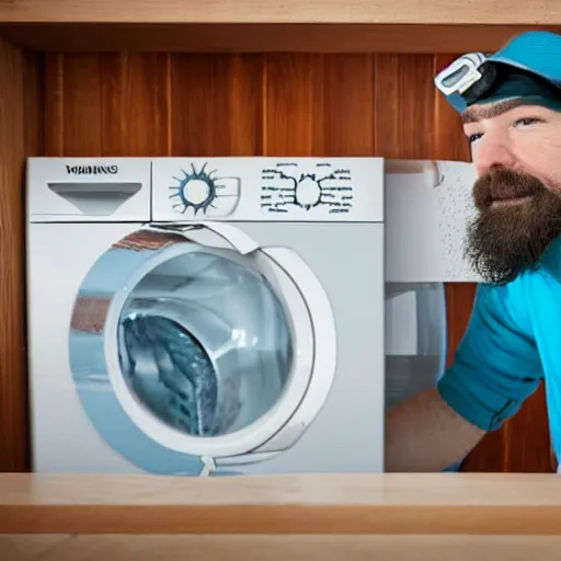 Prompt: tiny bearded Canadian snorkeling inside washing machine, photo, detailed, 4k