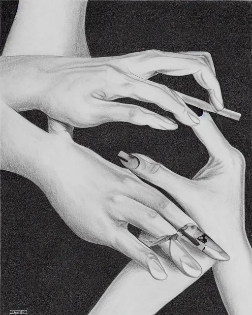 Image similar to drawing lesson, acurate, real, one elegant female hand, holding a cigarette with her fingers,highly detailed, elegant up to the elbow, only five fingers, separated, elegant, neat nails, fotorealism, advertisement for a crossover salon, style by Maurits Cornelis Escher, 8k,