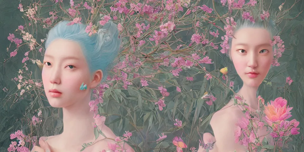 Prompt: breathtaking detailed concept art painting blend of two pink short hair goddess of light blue flowers by hsiao - ron cheng with anxious piercing eyes, vintage illustration pattern with bizarre compositions blend of flowers and fruits and birds by beto val and john james audubon, exquisite detail, extremely moody lighting, 8 k