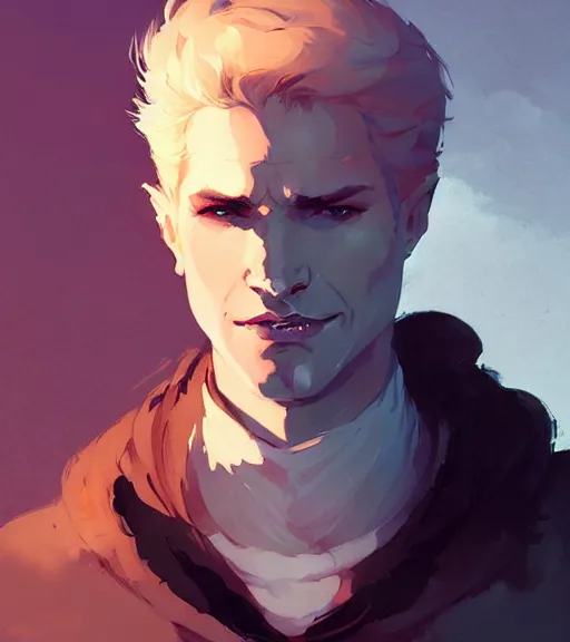 Image similar to portrait of cullen from dragon age with a beautiful woman by atey ghailan, by greg rutkowski, by greg tocchini, by james gilleard, by joe fenton, by kaethe butcher, dynamic lighting, gradient light blue, brown, blonde cream and white color scheme, grunge aesthetic