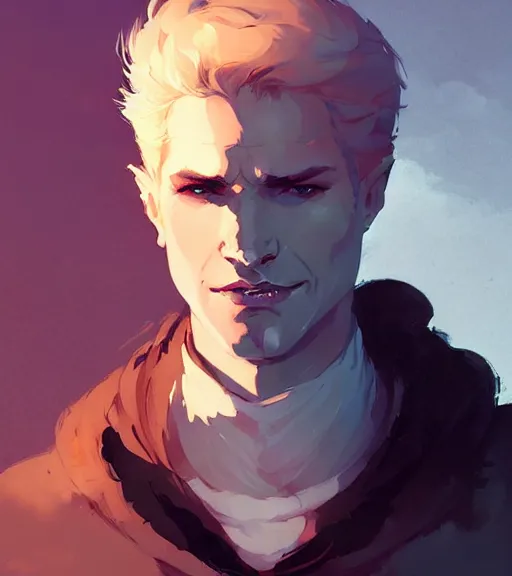 Prompt: portrait of cullen from dragon age with a beautiful woman by atey ghailan, by greg rutkowski, by greg tocchini, by james gilleard, by joe fenton, by kaethe butcher, dynamic lighting, gradient light blue, brown, blonde cream and white color scheme, grunge aesthetic