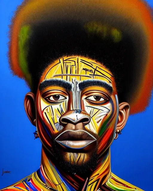 Image similar to A extremely ultra highly detailed majestic hi-res beautiful immaculate head and shoulders award winning painting stunning masterpiece of the face of a ultra highly detailed strong black African warrior man with an afro portrait by Jean-Michel Basquiat, 8k, high textures, ultra hyper sharp, insanely detailed and intricate, super detailed, 8k HDR ultra high quality, high detail, hyperrealist, photorealistic, octane render, cinematic, high textures, hyper sharp, 4k insanely detailed and intricate, surrealism, surrealist, real life, lifelike, 8k, hyper realistic, super detailed, realistic, 4k HDR hyper realistic high