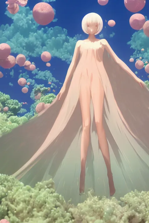 Prompt: 3D CG anime Land of the Lustrous Houseki no Kuni character Ventricosus translucent very light pink jelly woman with thick chest size and pink transparent bouffont dress frills standing at the bottom of the ocean near the surface, sun rays shine through the water, beautiful composition, 3D render, cel shaded, 8k, key visual, made by Haruko Ichikawa, Makoto Shinkai, studio Ghibli, Kyoto Animation