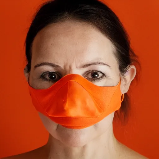 Image similar to portrait of a woman wearing a orange mask, orange background, studio lighting