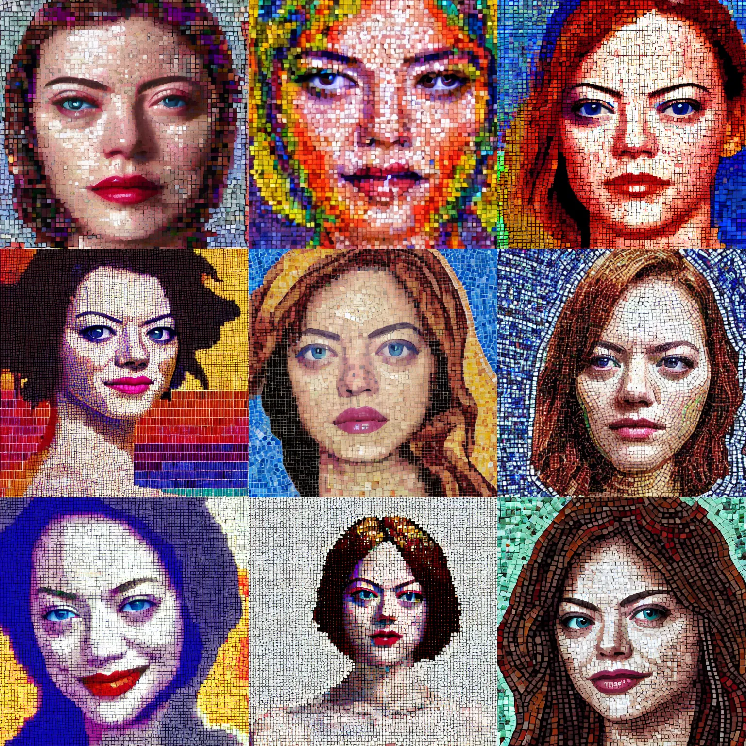 Prompt: greek mosaic made of colorful pebbles depicting emma stone, significant boundaries of the pebbles, most beautiful mosaic in the history, in the style of makoto shinkai, high detail, realistic, accurate facial detailing, realistic composition, best of artstation