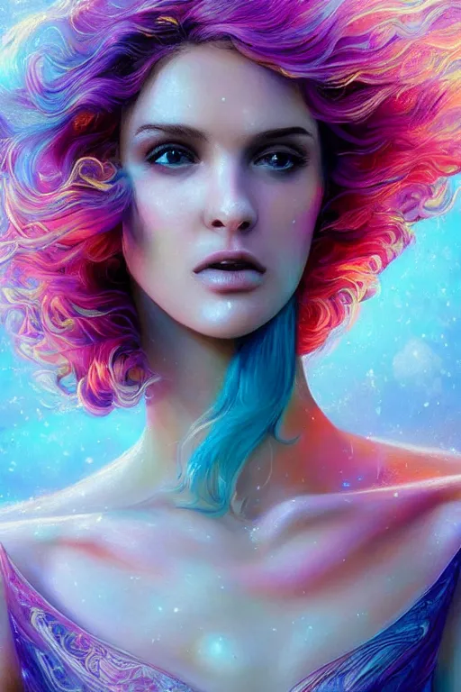 Prompt: a super realistic young woman, magical, windblown, intricate, synth-wave, retrowave, colorful, vibrant, highly-detailed, elegant, dramatic lighting, gorgeous face, lifelike, photorealistic face, long luxurious intricate gown, digital painting, artstation, illustration, concept art, smooth, sharp focus, art by Jude Palencar, John Collier, artgerm, and Albert Aublet and Krenz Cushart and Artem Demura and Alphonse Mucha