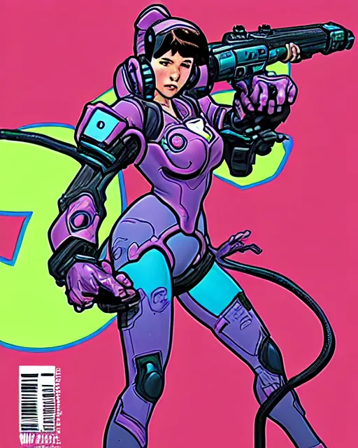 Image similar to d. va from overwatch, comic book cover, in the style of richard corben, ryan ottley, dave gibbons, todd mcfarlane, bernie wrightson