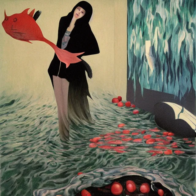 Image similar to tall emo female artist holding a large fish in her flooded kitchen, pomegranates, octopus, water gushing from ceiling, painting of flood waters inside an artist's apartment, a river flooding indoors, ikebana, zen, rapids, waterfall, black swans, canoe, berries, acrylic on canvas, surrealist, by magritte and monet