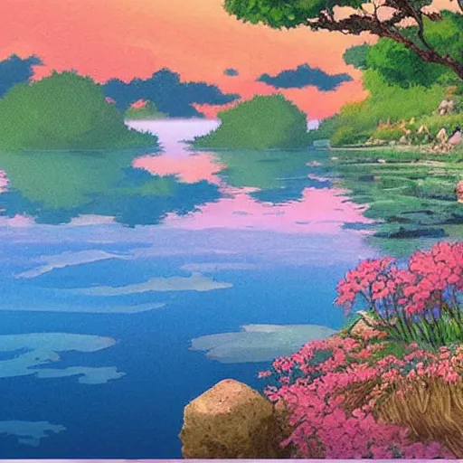 Image similar to a beautiful lake, fantasy art, 2 d, sunshine, warm colors, relaxing, calm, cozy, peaceful, by studio ghibli