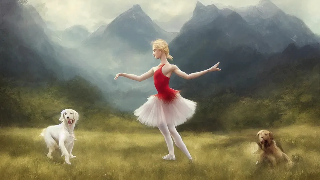 Image similar to “ ballet girl dance with a white golden retriever besides a red cottage, mountains in the background, soft lighting, by charlie bowater, by greg rutkowski ”