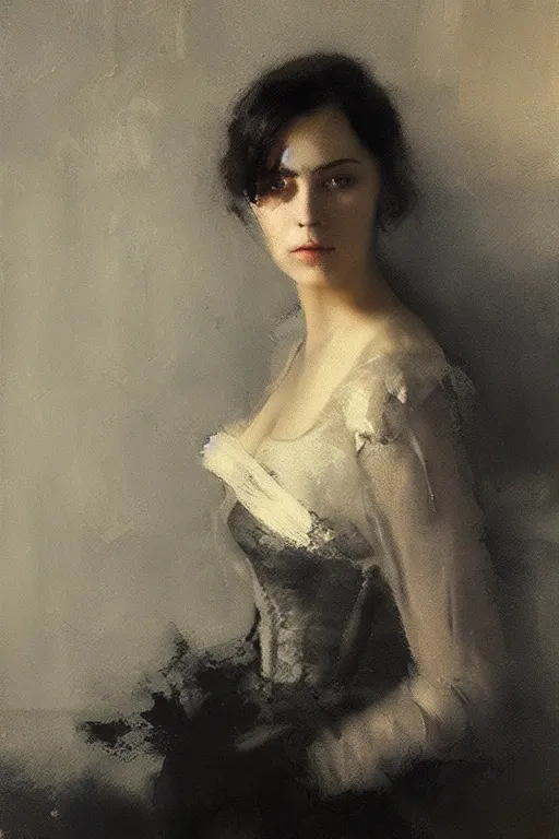 Image similar to detailed cinematic moody colors studio portrait of the memories of a victorian lady with a sensual pose kissing a gentleman high quality by jeremy mann, only one head single portrait