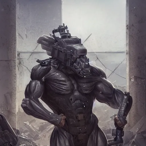 Image similar to a hyper - muscular anthro horse wearing tactical gear standing in the ruins of a facility, equine, magnificently muscular physique, dynamic pose, highly detailed, digital painting, artstation, concept art, illustration by artgerm, greg rutkowski