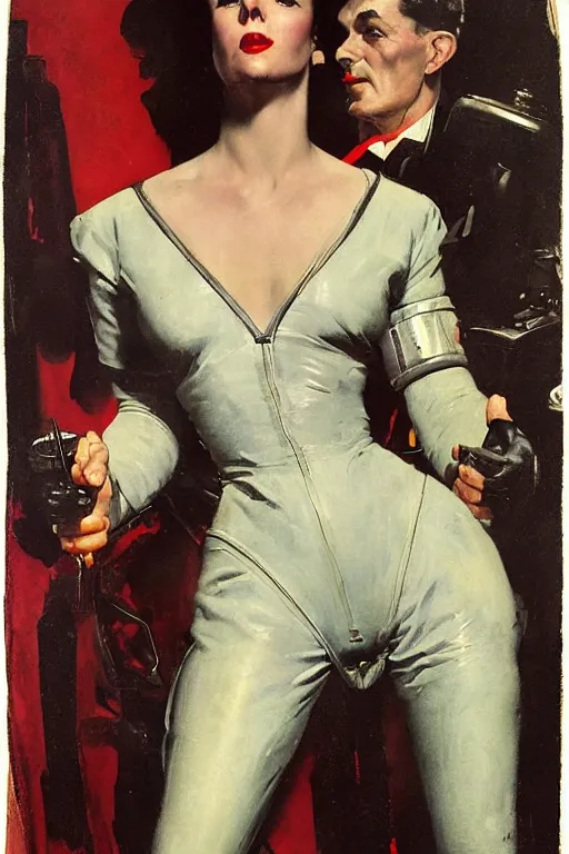 Prompt: 5 0 s pulp scifi fantasy illustration upper body portrait striking elegant mature woman in leather spacesuit by norman rockwell, roberto ferri, daniel gerhartz, edd cartier, jack kirby, howard v brown, ruan jia, tom lovell, frank r paul, jacob collins, dean cornwell, astounding stories, amazing, fantasy, other worlds