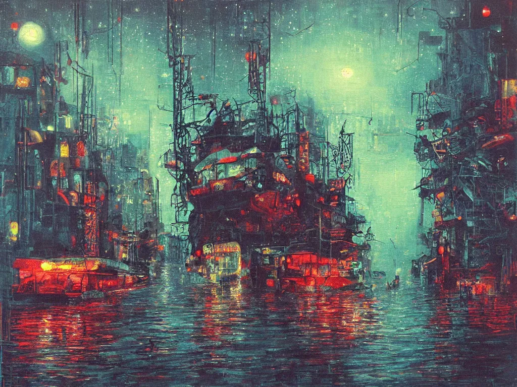 Image similar to river boats speeding between tree houses on flooded streets of new york painting, red and green palette, night lights, starry sky, by ( h. r. giger ) and paul lehr