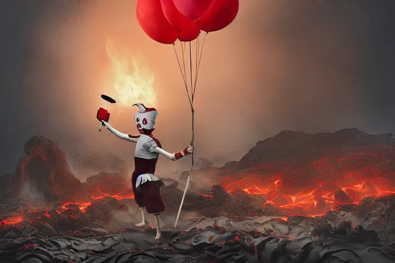 Prompt: pennywise as pulcinella! making pizza, vesuvius spewing lava in the background, glowing pools of lava, dark cloudy sky, by esao andrews, by james jean, full body, wide angle, post - apocalyptic, hyperrealistic, big depth of field, 3 d octane render, 4 k, perfect symmetrical face, masterpiece, hyperrealistic, trending on deviantart