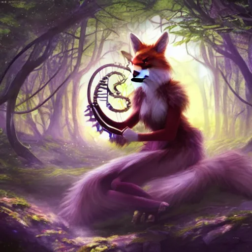 Prompt: Fearie Fox Anthropomorphized, playing Harp in magical forest, magic the gathering artwork, D&D, fantasy, cinematic lighting, centered, symmetrical, highly detailed, digital painting, artstation, concept art, smooth, sharp focus, illustration, volumetric lighting, epic Composition, 8k, art by Akihiko Yoshida and Greg Rutkowski and Craig Mullins, heroic pose, oil painting, cgsociety