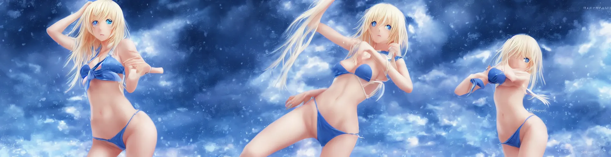 Prompt: full body shot : a very beautiful young blond anime girl on a snowstorm, sky blue eyes,, bikini, miniskirt, highly detailed, cinematic wallpaper by stanley artgerm lau