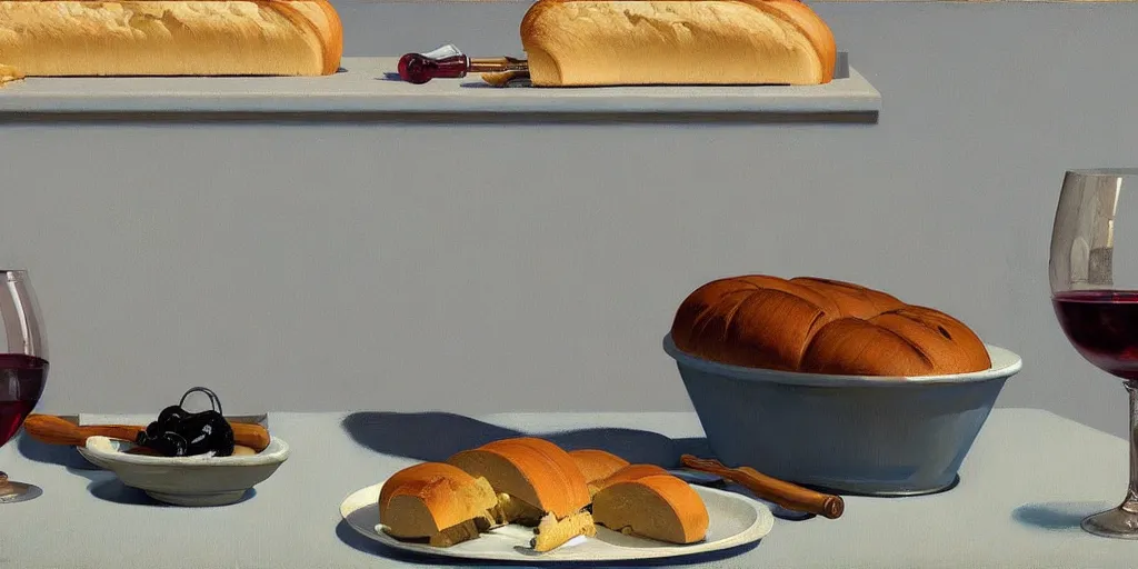 Prompt: an achingly beautiful still life featuring loaf of bread head with wine and Cheese very coherent, painted by Edward Hopper, Wayne Barlowe, painted by James Gilleard, airbrush, art by JamesJean