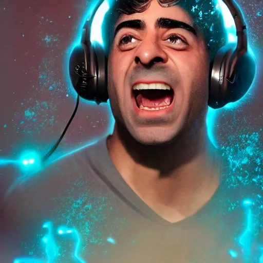 Image similar to tony khan wearing a headset, screaming furiously, cocaine everywhere, scared people in the background, intense, hyper detailed, artstation, flashing lights, hyper anger, eruption, 8 k