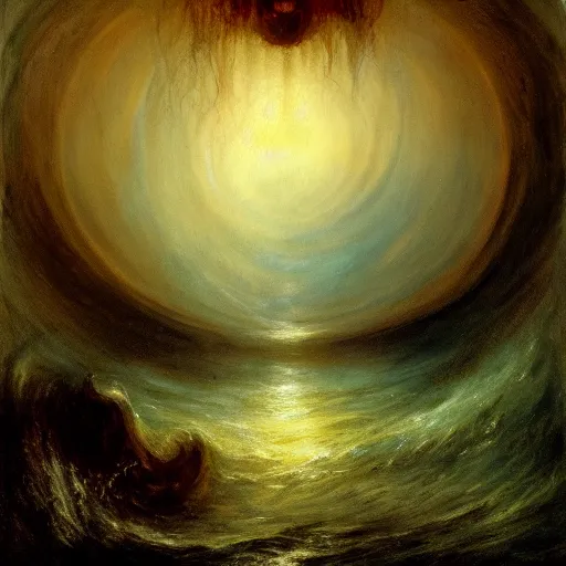 Prompt: a gigantic lovecraftian cyclope emerging from under the ocean, gazing to the sky, as in a turner's painting