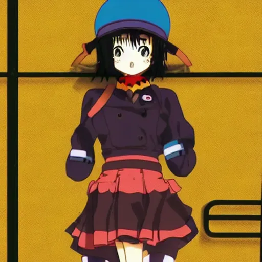 Image similar to anime girl with very large beret, beret over eye, cel - shading, 2 0 0 1 anime, flcl, jet set radio future, golden hour, underground facility, underground tunnel, pipes, rollerbladers, rollerskaters, cel - shaded, strong shadows, vivid hues, y 2 k aesthetic