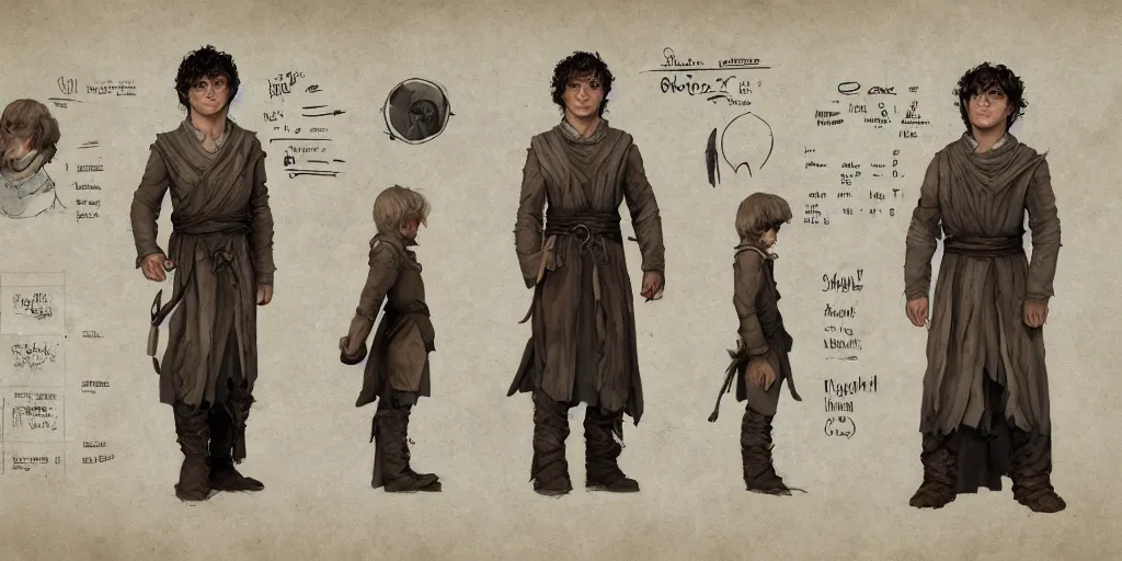 Image similar to frodo baggins, character sheet, concept design, contrast, kim jung gi, greg rutkowski, zabrocki, karlkka, jayison devadas, trending on artstation, 8 k, ultra wide angle, pincushion lens effect