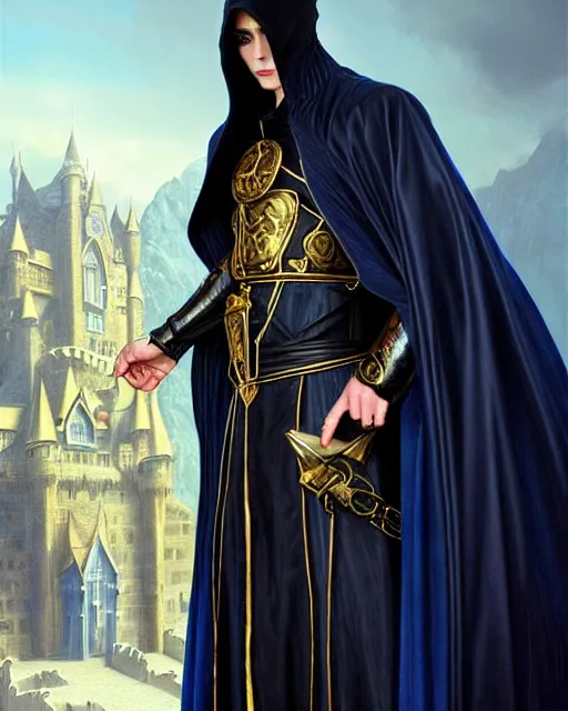 Prompt: handsome mage in front of a giant tellurion, long black hair blue eyes wearing leather mantle gothic navy cloak with gold details, castle town, fantasy character portrait, ultra realistic, intricate, elegant, highly detailed, digital painting, artstation, smooth, sharp, focus, illustration, art by artgerm and greg rutkowski and alphonse mucha