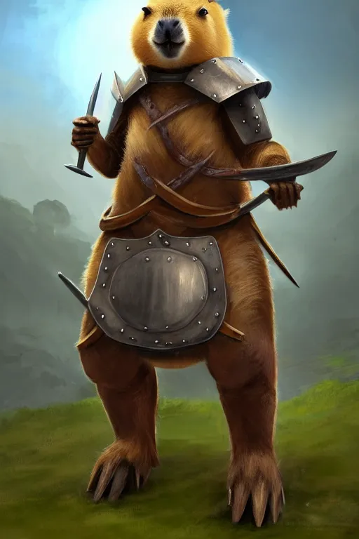 Prompt: an anthropomorphic capybara that is wearing full iron plate armor, a capybara that is dual wielding broadswords, as a matte oil painting and d & d art, standing, fullbody, blue magic, sharp focus, award - winning, extremely detailed, 4 k,