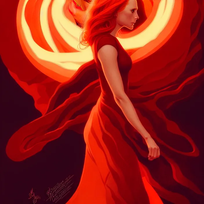 Image similar to style artgerm, joshua middleton, marc simonetti, beautiful kristen bell with dark red dress, very long orange hair, symmetrical face, symmetrical eyes, fire powers fire swirling, detailed, volcano setting, cinematic lighting