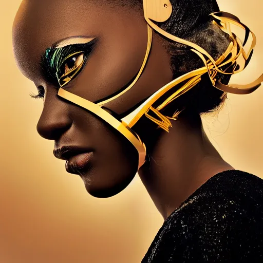 Prompt: portrait of a beautiful futuristic woman layered with high-tech jewelry wrapping around her face and head, golden light