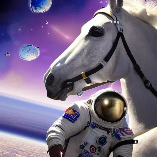 Image similar to cosmonaut horse floating in outer space, high tech space suit, highly detailed, nasa picture, realistic photograph, 4 k