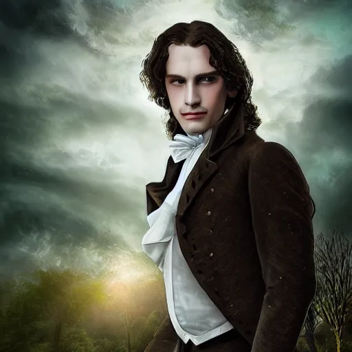 Prompt: Majestic and regal portrait of the green eyed brown haired vampire Louis de Pointe du Lac, New Orleans, 1805 plantation in the background, intricate, epic, elegant, menacing, fantasy, highly detailed, digital painting, hard focus, beautiful volumetric lighting, epic light, ultra detailed, by Leesha Hannigan, Ross Tran, Thierry Doizon, Kai Carpenter, Ignacio Fernández Ríos