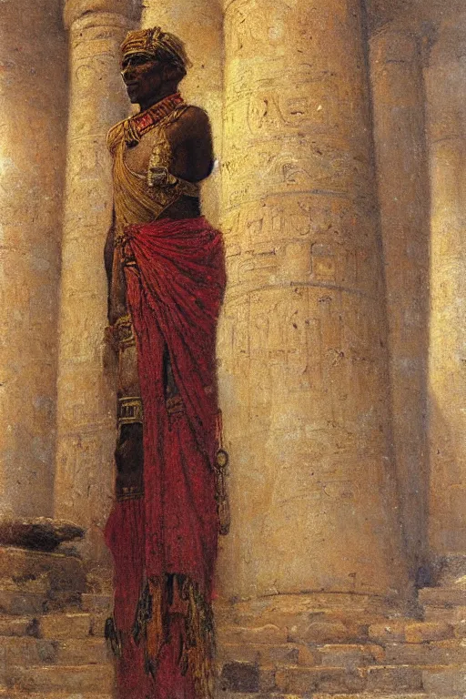 Image similar to portrait of an ancient nubian temple guard in old egypt. art by gaston bussiere.
