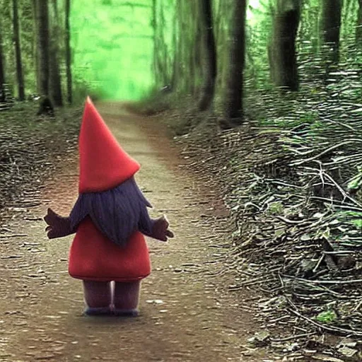 Image similar to bad quality screenshot of a leaked video of a small creature dressed as gnome walking through a forest trail, photo taken from far awar, bright camera flash, disturbing, very scary, realistic, very disturbing, ultrarealistic, 480p